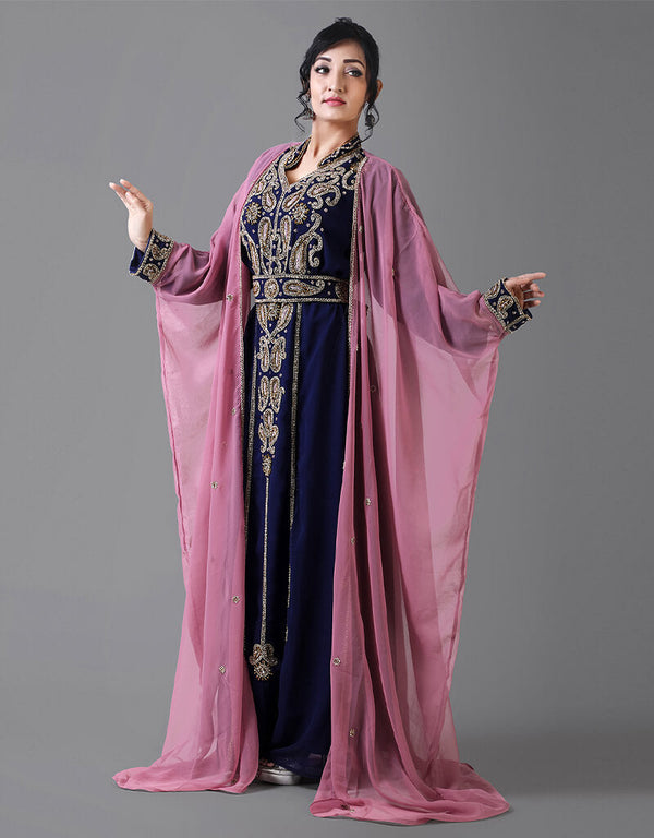 Dubai Navy Blue and  Pink Georgette Hand Zari Embroidery Bridal Kaftan